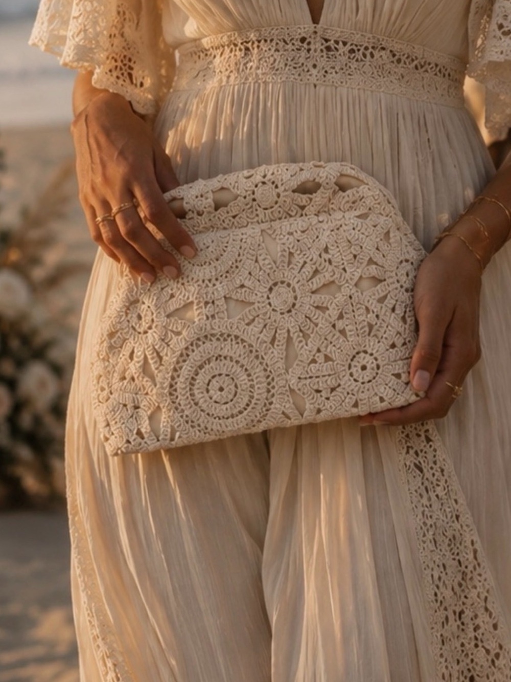 Cream Crochet Lace Envelope Clutch
